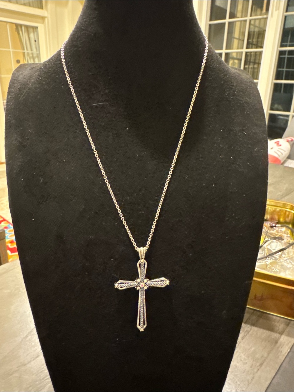 Premier Designs Silver Tone Blue Rhinestone Cross Pendant Necklace Crown Charm